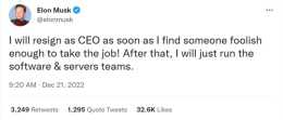 馬斯克迴應辭去推特CEO：找到愚蠢到能接受這份工作的人就辭職